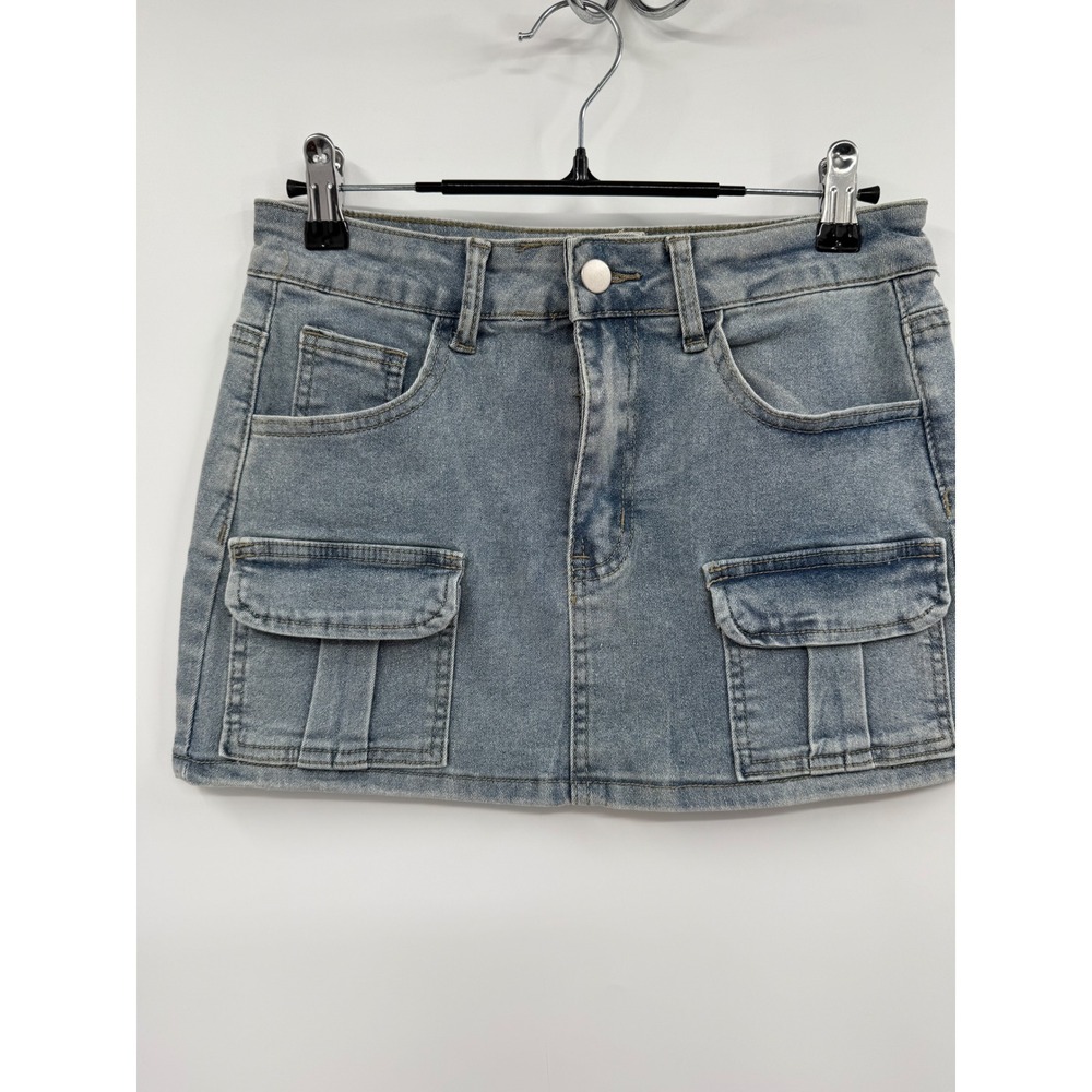 SHEIN 6 Cargo Mini Skirt Womens Light Blue Denim Utility Pockets Stretch